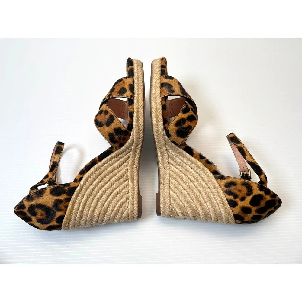 J Crew Jute Wedge Sandal Women 10 NWOB Espadrille  Leopard Calf Hair Ankle Strap